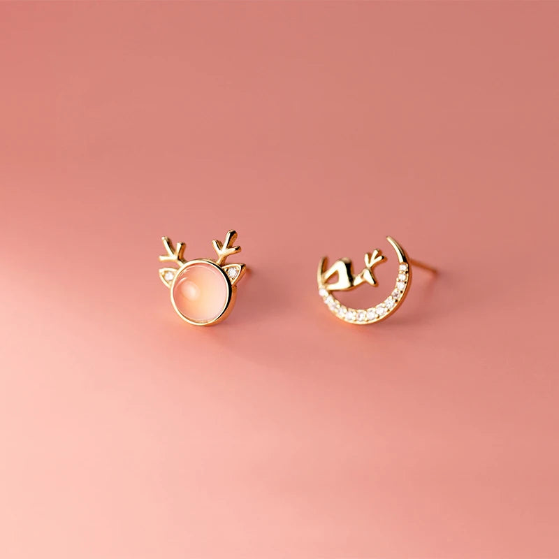 925 Silver Christmas Deer Moon Stud Earrings for Women Halloween Party Jewelry