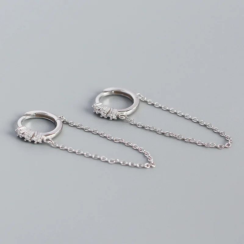 925 Silver Gothic Tassel Circle Stud Earrings Bohemian CZ Zircon