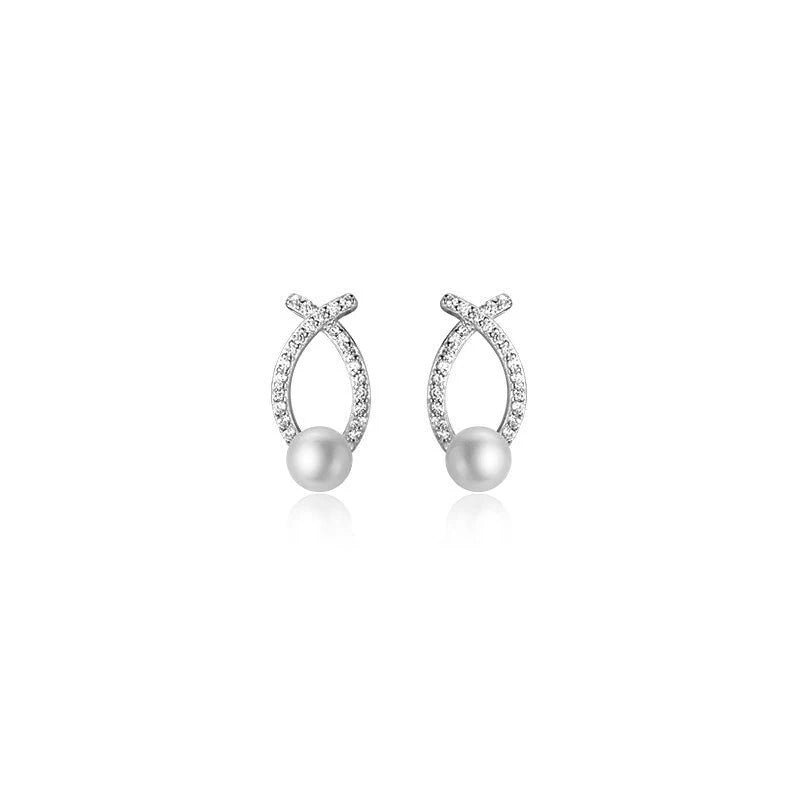 925 Silver Cross Pearl Stud Earrings Romantic Anniversary Gift