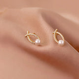 925 Silver Cross Pearl Stud Earrings Romantic Anniversary Gift