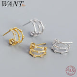 925 Silver Bamboo Zircon Stud Earrings for Women Bohemian Jewelry