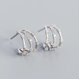 925 Silver Bamboo Zircon Stud Earrings for Women Bohemian Jewelry