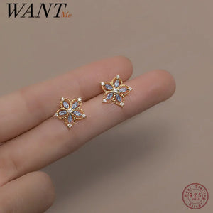 925 Silver Romantic Zircon Flower Stud Earrings Women Wedding Jewelry