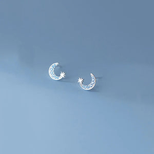 925 Silver Romantic Zircon Star Moon Stud Earrings