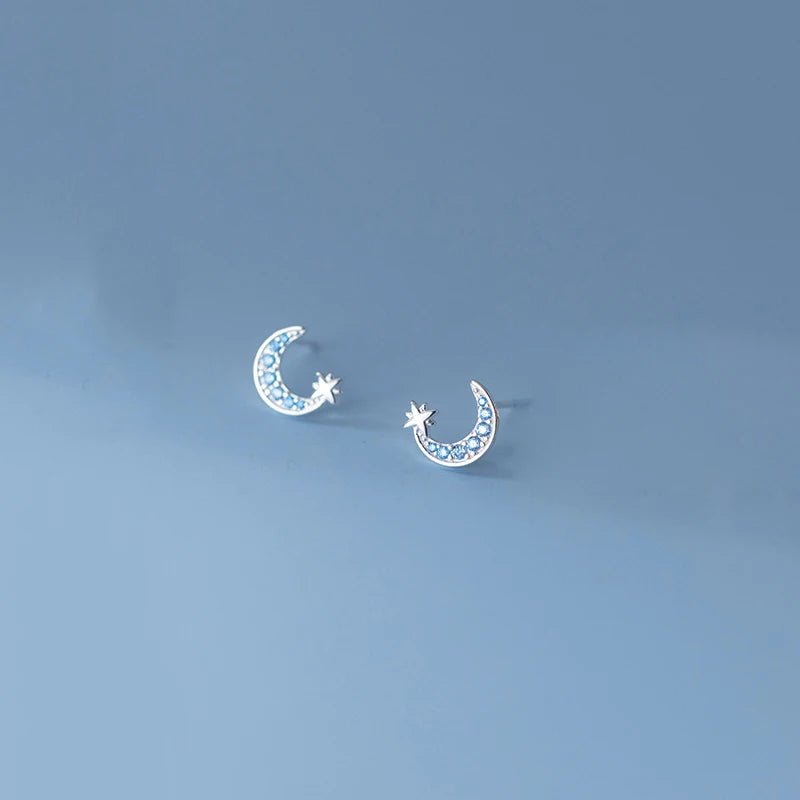 925 Silver Romantic Zircon Star Moon Stud Earrings