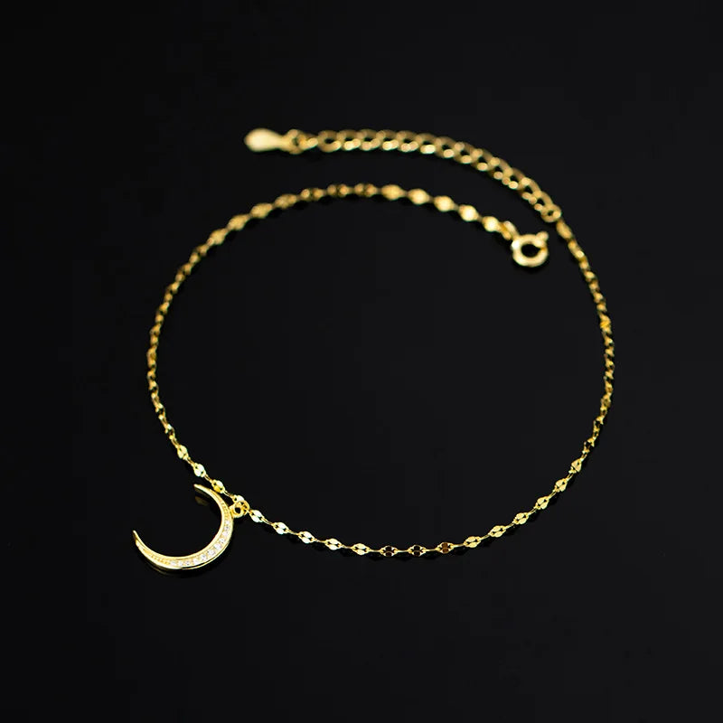 925 Silver Moon Pendant Lip Chain Anklet for Women Beach Party Foot Jewelry