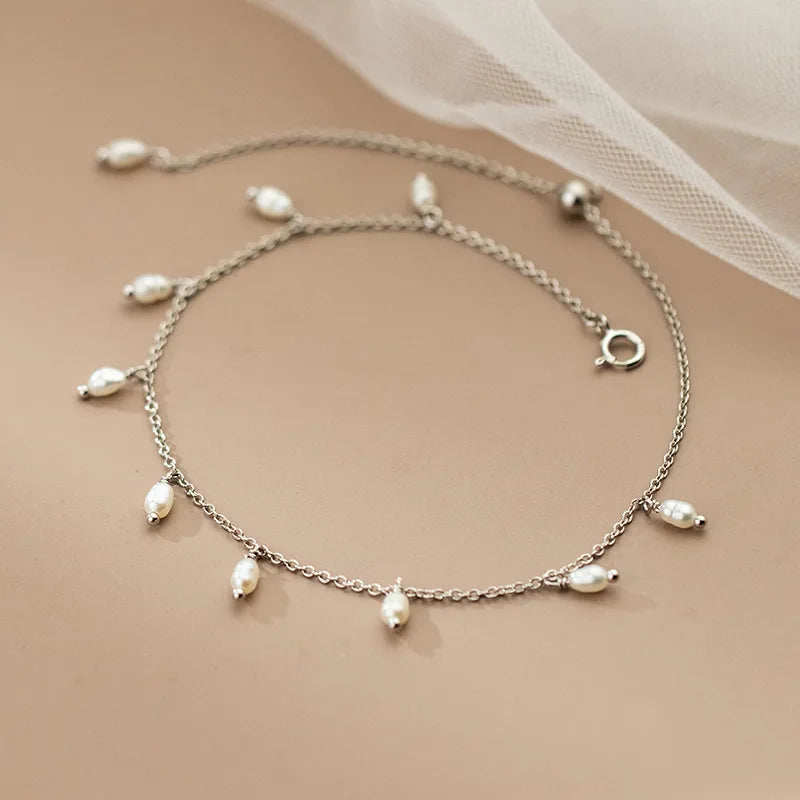 925 Silver Baroque Pearl Tassel Anklet for Women Wedding