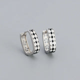 925 Silver Checkerboard Enamel Hoop Earrings for Women Punk Party Jewelry