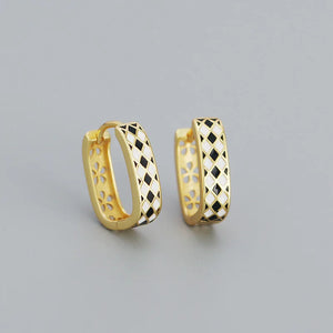 925 Silver Checkerboard Enamel Hoop Earrings for Women Punk Party Jewelry