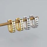 925 Silver Checkerboard Enamel Hoop Earrings for Women Punk Party Jewelry