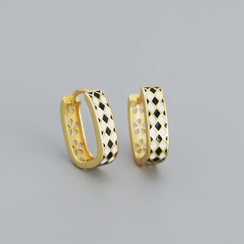 925 Silver Checkerboard Enamel Hoop Earrings for Women Punk Party Jewelry