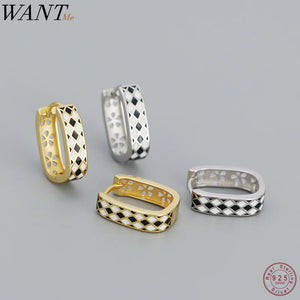 925 Silver Checkerboard Enamel Hoop Earrings for Women Punk Party Jewelry