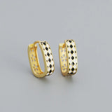 925 Silver Checkerboard Enamel Hoop Earrings for Women Punk Party Jewelry