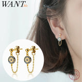 Sterling Silver Chain Demon Eye Zircon Stud Earrings Evil Eyes Jewelry