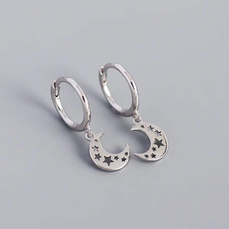 925 Silver Star Moon Pendant Earrings Women Bohemian Party Jewelry