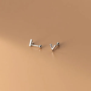 Sterling Silver Initial V Stud Earrings Spiral Beads for Women