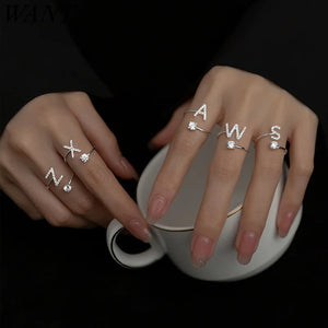 925 Sterling Silver Zircon Initial A-Z Open Finger Ring Women Jewelry