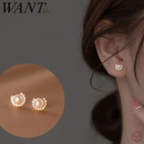 925 Silver Zircon Pearl Stud Earrings Wedding Jewelry