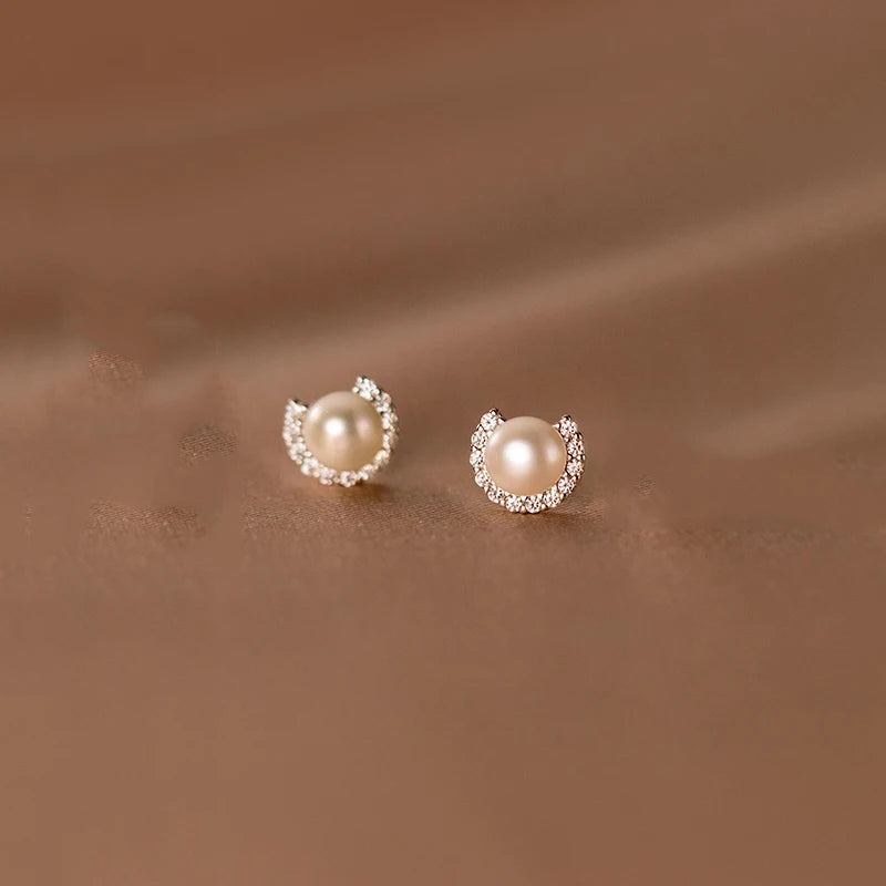 925 Silver Zircon Pearl Stud Earrings Wedding Jewelry