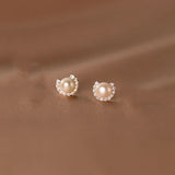 925 Silver Zircon Pearl Stud Earrings Wedding Jewelry