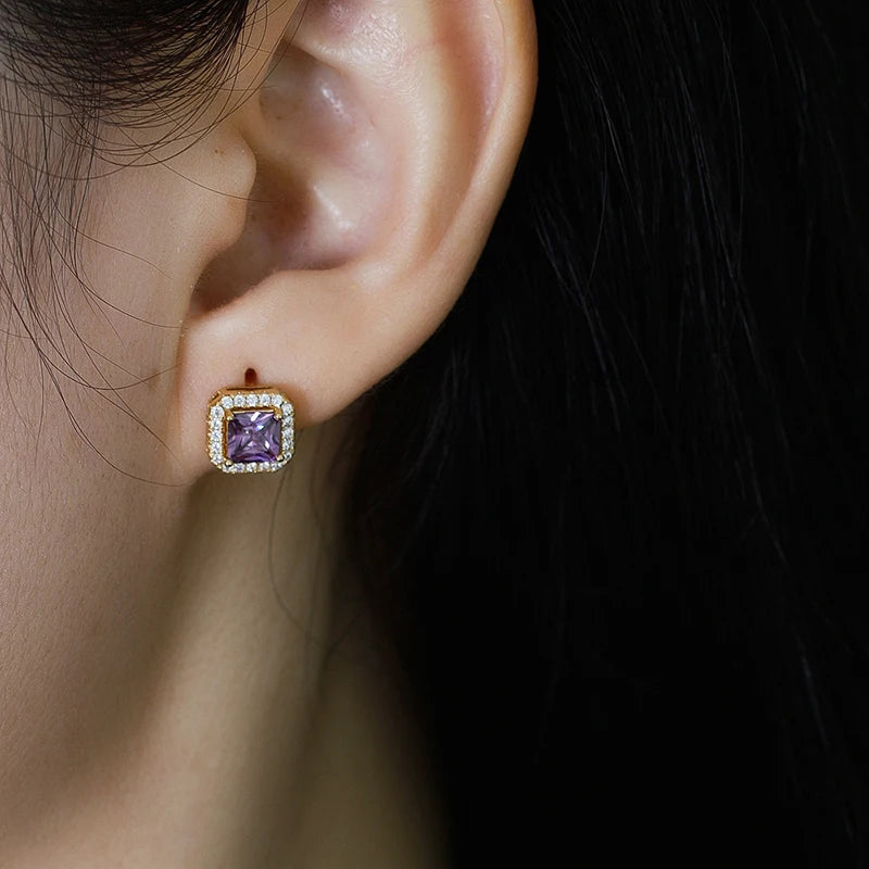 925 Silver Square Zircon Stud Earrings Romantic Wedding Jewelry