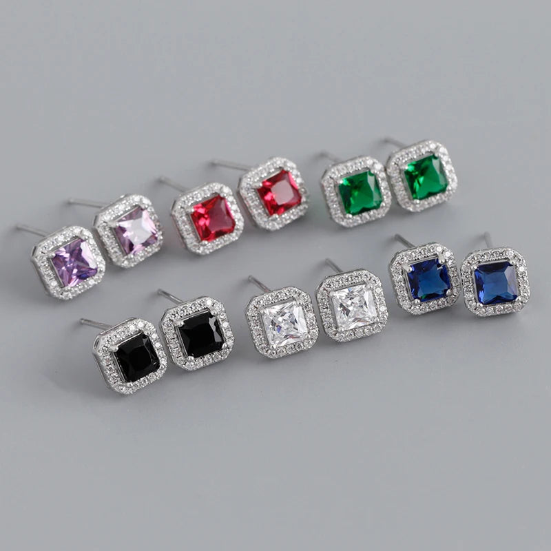 925 Silver Square Zircon Stud Earrings Romantic Wedding Jewelry