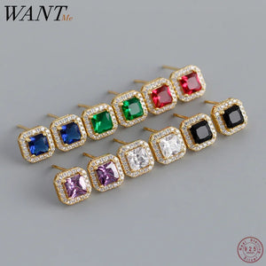 925 Silver Square Zircon Stud Earrings Romantic Wedding Jewelry