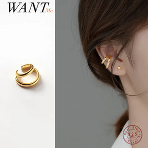925 Silver Double Glossy Ear Clip Earrings Hip Hop Line No Piercing Ear Cuff