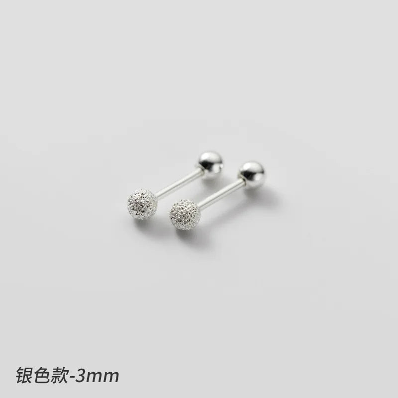 925 Silver Minimalist Bead Stud Earrings Glossy Frosted Finish Women Jewelry