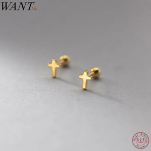 925 Silver Cross Beads Stud Earrings for Women Ear Piercing Jewelry