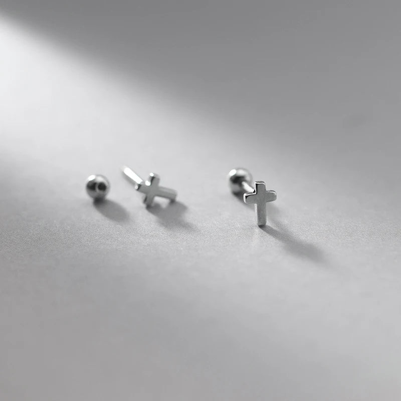 925 Silver Cross Beads Stud Earrings for Women Ear Piercing Jewelry