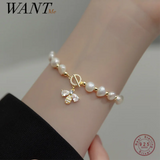 925 Silver Baroque Pearl Bee Bracelet Women Wedding Jewelry Gift