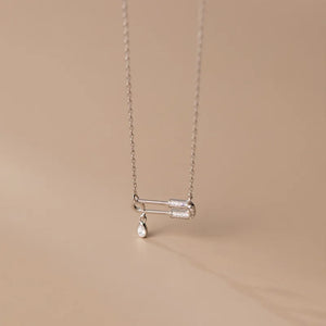 925 Silver Pin Clavicle Pendant Necklace CZ Zircon Wedding Paper Clip Jewelry