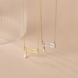 925 Silver Pin Clavicle Pendant Necklace CZ Zircon Wedding Paper Clip Jewelry