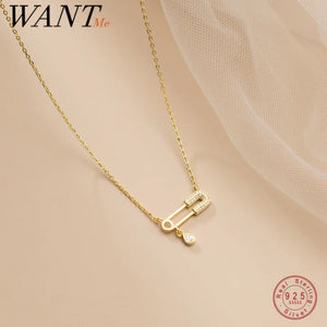 925 Silver Pin Clavicle Pendant Necklace CZ Zircon Wedding Paper Clip Jewelry
