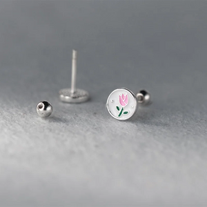 925 Silver Pink Enamel Tulip Stud Earrings