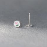 925 Silver Pink Enamel Tulip Stud Earrings
