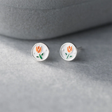 925 Silver Pink Enamel Tulip Stud Earrings