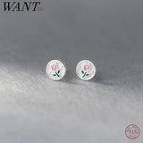 925 Silver Pink Enamel Tulip Stud Earrings