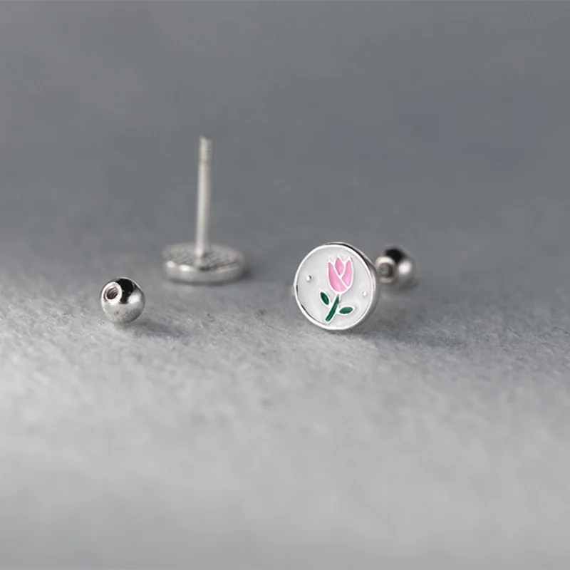 925 Silver Pink Enamel Tulip Stud Earrings
