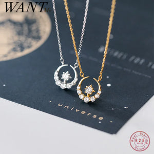 925 Silver Romantic CZ Star Moon Pendant Necklace