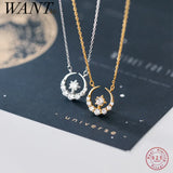 925 Silver Romantic CZ Star Moon Pendant Necklace