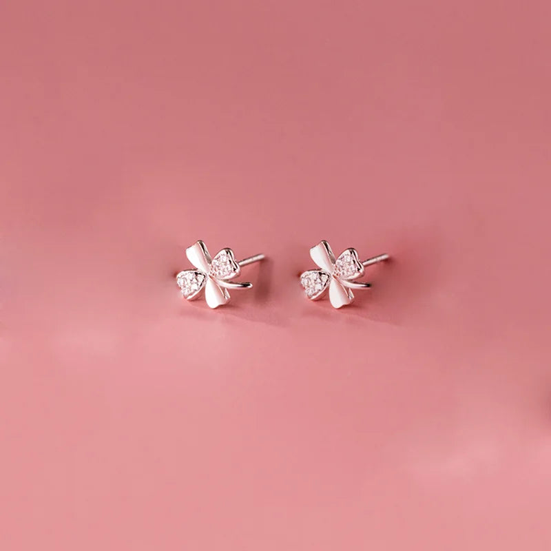 925 Silver Clover Stud Earrings Zircon Jewelry