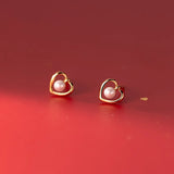 925 Silver Love Heart Pearl Stud Earrings Wedding Jewelry
