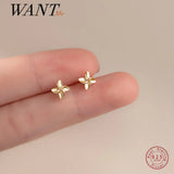 925 Silver Four Petal Flower Stud Earrings Women Teens Kids Jewelry