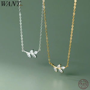 925 Silver Leaf Zircon Pendant Clavicle Necklace for Women