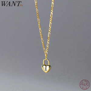 925 Silver Love Heart Lock Pendant Chain Necklace Women Party Jewelry Goth Charm