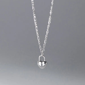 925 Silver Love Heart Lock Pendant Chain Necklace Women Party Jewelry Goth Charm