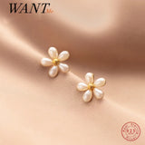 925 Silver Pearl Flower Stud Earrings 18K Plated Gift