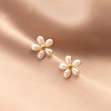 925 Silver Pearl Flower Stud Earrings 18K Plated Gift